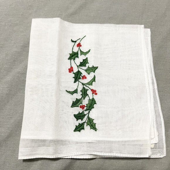 Vintage Desco Christmas Holly Embroidered Handkerchief w Tag - Picture 1 of 3